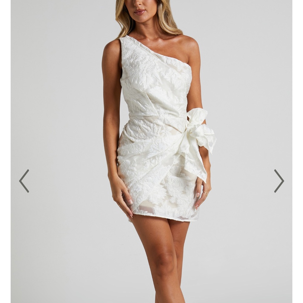 Brailey One Shoulder Wrap Front Mini Dress in White Jacquard